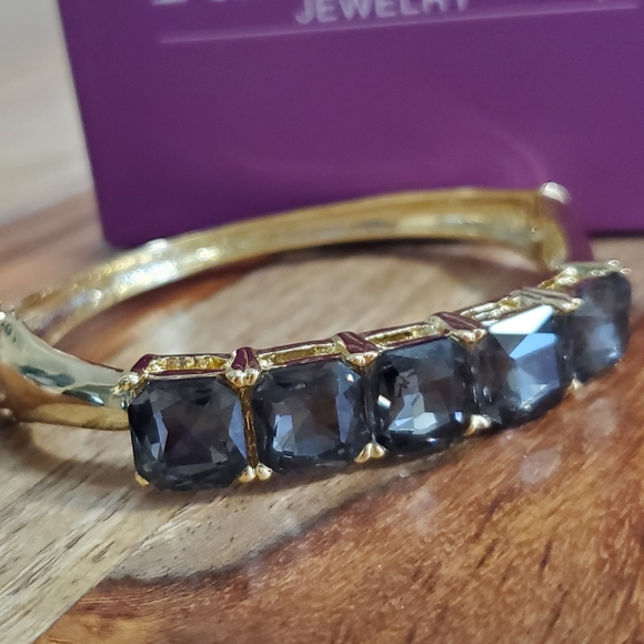 Palm Beach Gold Hinged Bangle Bracelet Smoky Gray Faceted Crystal Rhinestones - Picture 6 of 8
